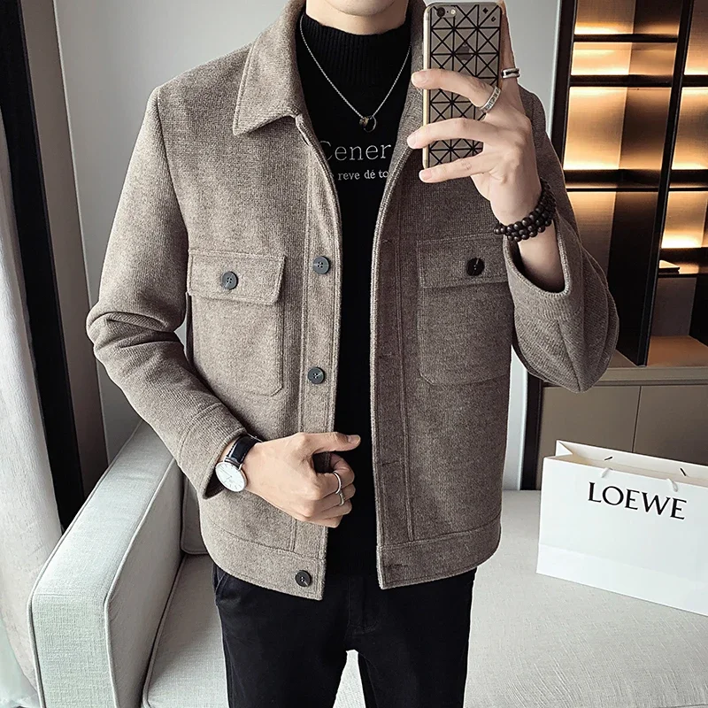 Men 2023 Autumn Winter Fashion Lapel Woolen Jackets Men's Slim Short Wool Blends Coats Male Casual Warm Clothes Overcoats O672