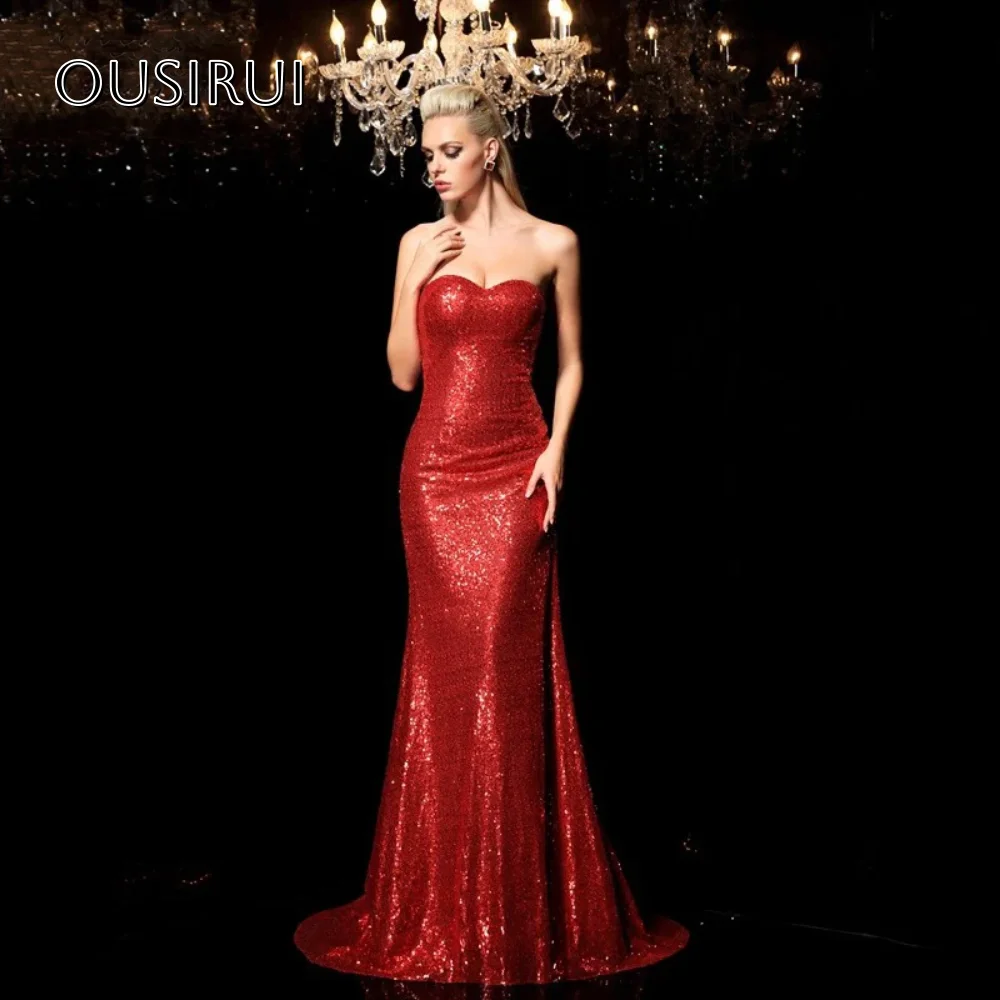 

Long Mermaid Evening Dresses Sweetheart Sequined Sweep Train Sleeveless Customized vestido de graduación de mujer