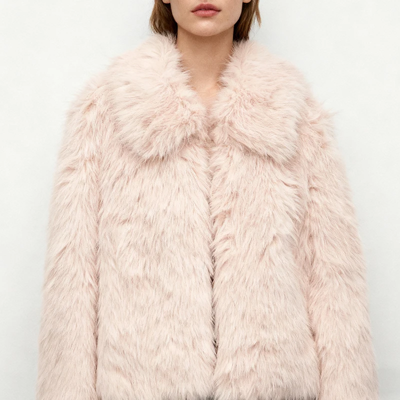 معطف نسائي دافئ من الفرو الصناعي بياقة مقلوبة وأكمام طويلة سترة عصرية فاخرة للشتاء سترات وردية سميكة ملابس خارجية