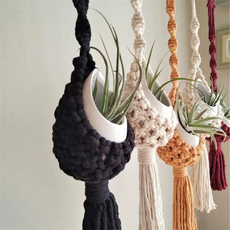 Colourful Macrame Wall Hanging Air Plant Holder Bohemian Style Planter Cotton Hand Weaving Flowerpot Net Bag For Home Decor