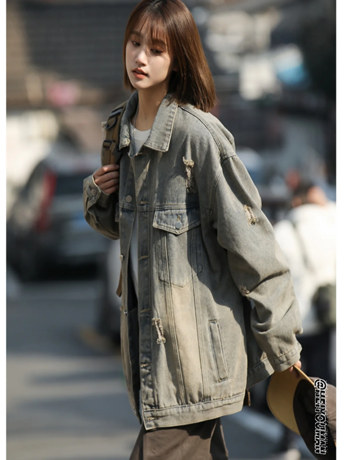 

Ripped Denim Jaet Men's Spring Autumn Trendy Workwear Jaet American Retro High Street Haome Top Loose Fit Multi ket