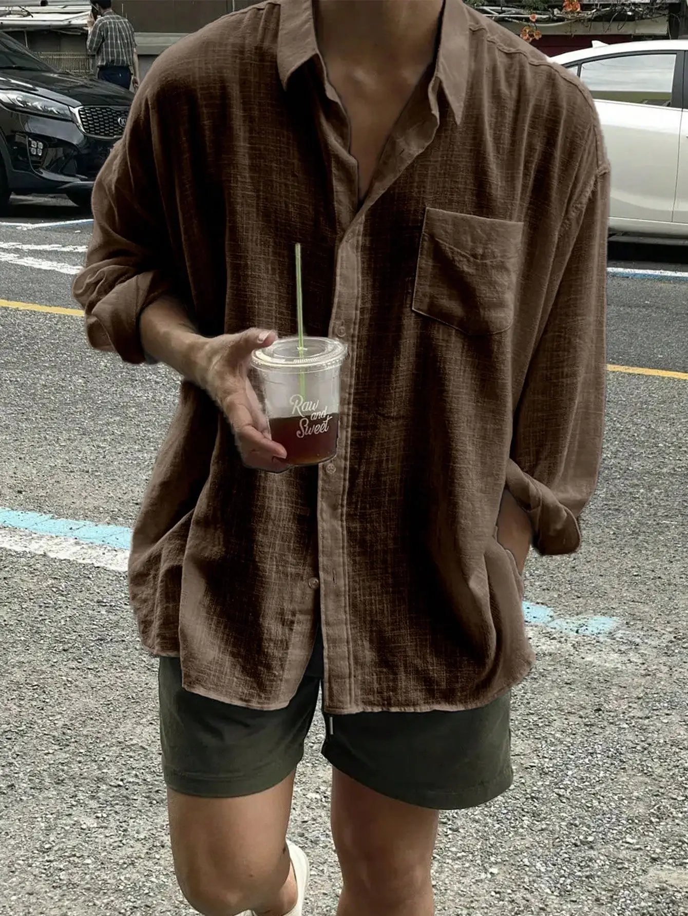 

Men's Brown Linen-Blend Loose Fit Long Sleeve Casual Shirt with Chest Pocket