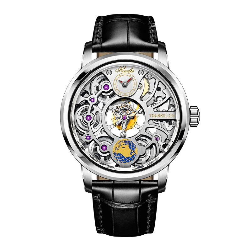 Haofa Men's Watch Skeleton Tourbillon Rotating Earth 316 Stainless Steel Alligator leathe Four-spring drive 120 Hours Power 1938