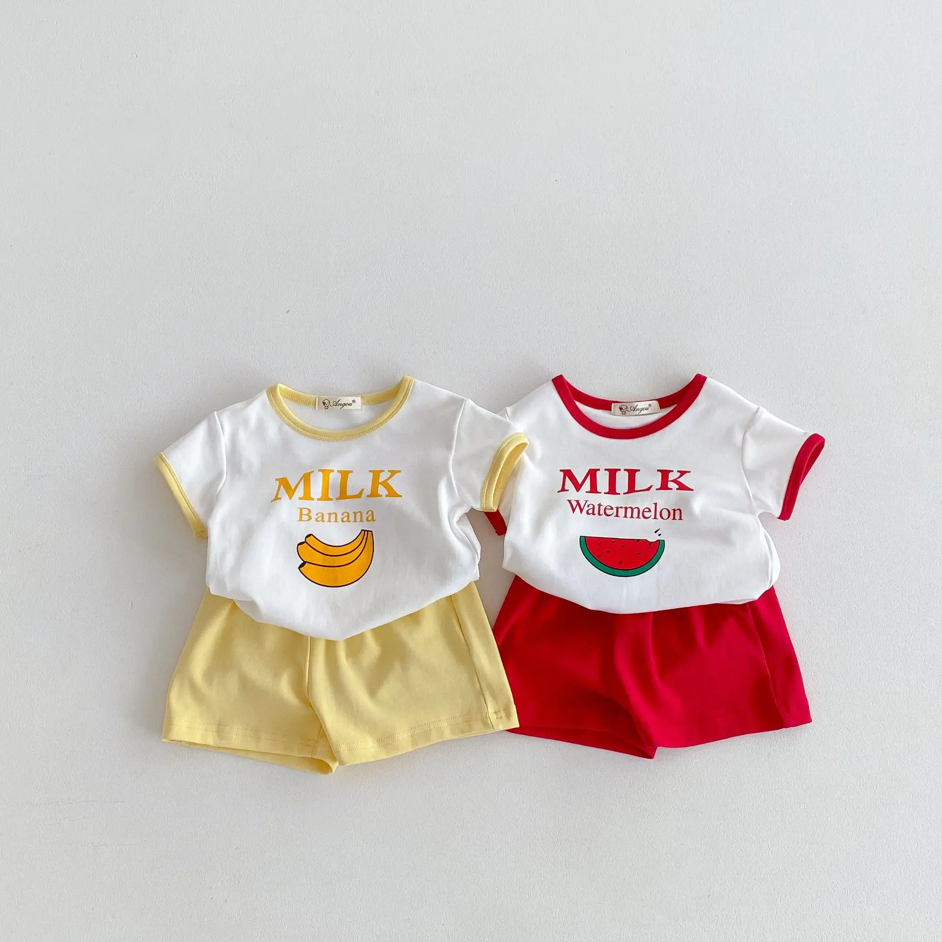 2025 Summer New Children Short Sleeve Cotton Set Baby Fruit Letter Print T Shirts Boys Girls Shorts Suit Kids Casual Outfits