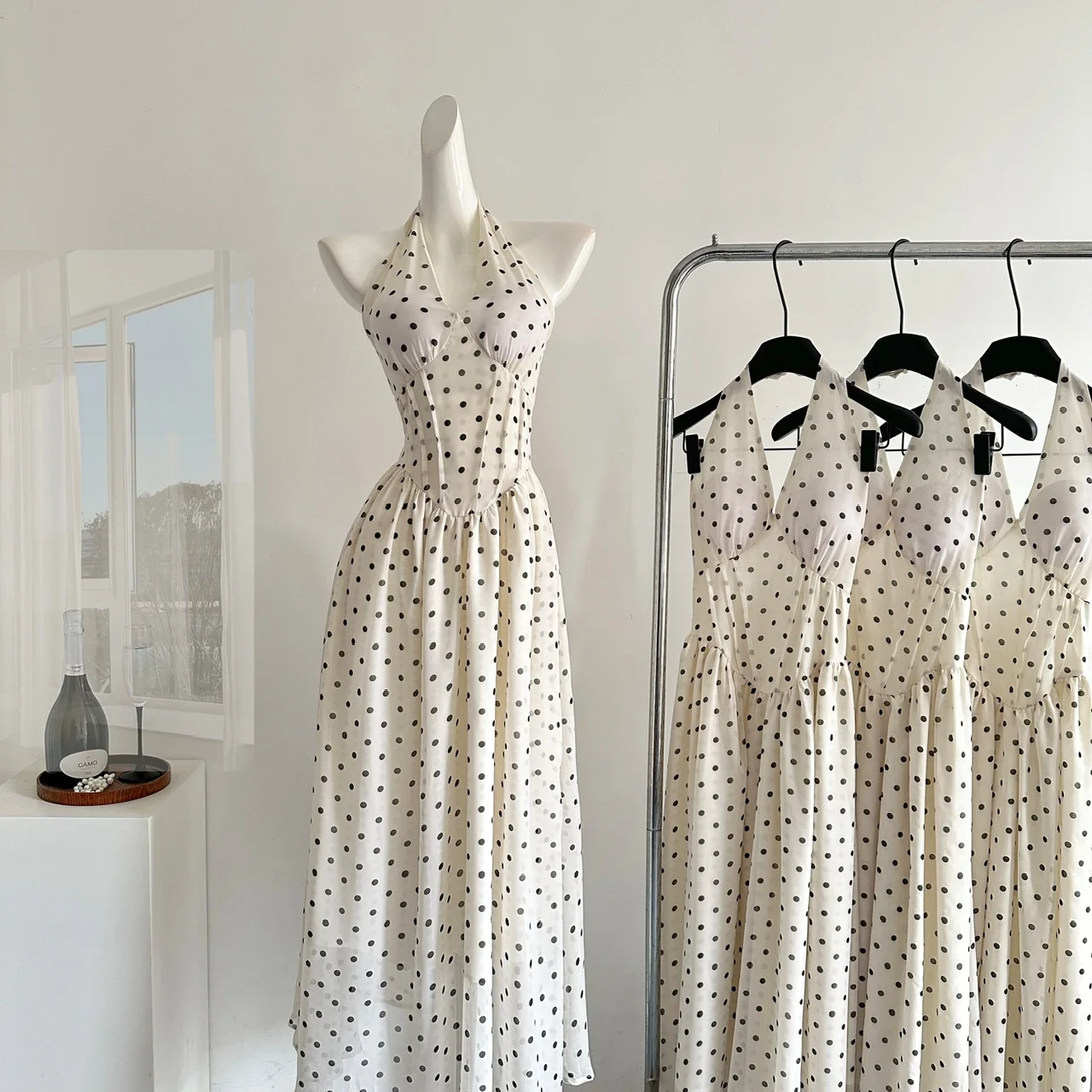 French Elegant Midi Dress Women Sleeveless beach Style Dot V-Neck Dress Evening Party One Piece Dress Vintage Chic Summer