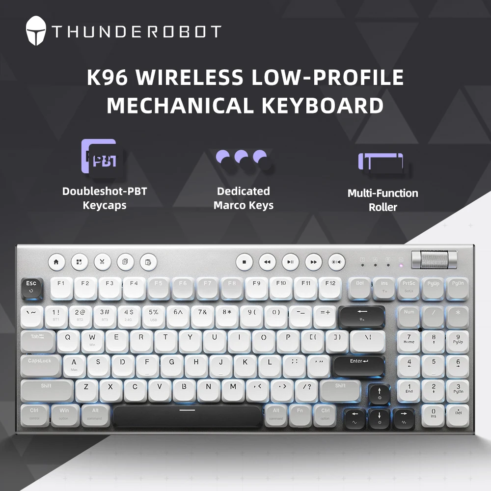 

THUNDEROBOT K96 Wireless Mechanical Keyboard Low-profile Productivity Keyboard 98 Keys with Roller Marco Keys PBT Keycaps For PC