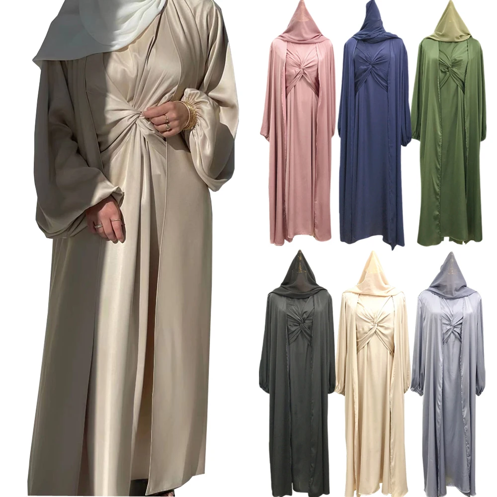 Muslim Hijab Dress Eid Satin Abayas 3 Piece Matching Sets Women Open Turkey Arab Robe Kaftan Kimono Femme Jalabiya Vestidos Gown