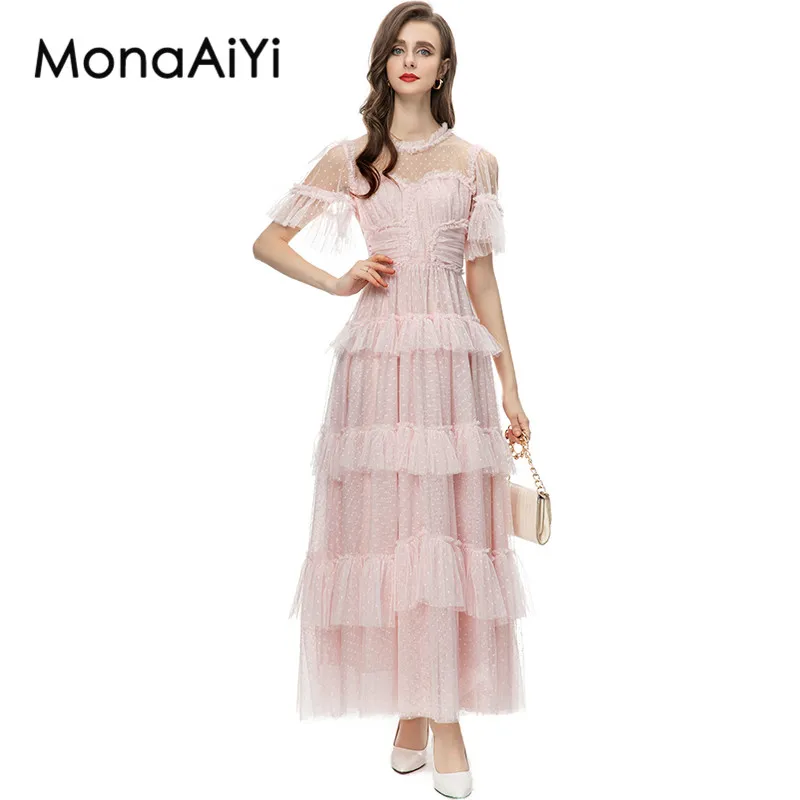 

MonaAiYi Fashion Designer Dress Women's Dot Print Translucent Mesh Fabric Pleated Tiered Ruffles Pink Vacation Casual Dresses