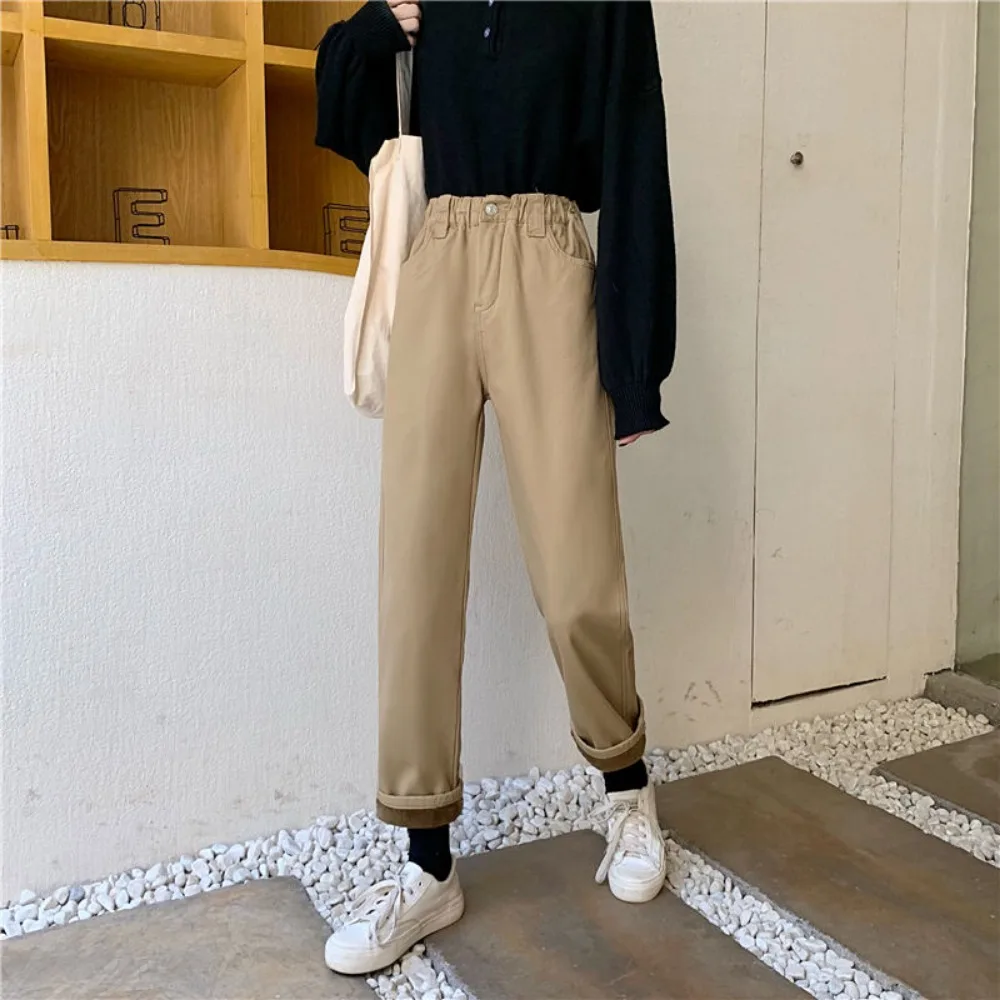 ジーンズ女性ベルベット厚いカーキハイウエストジッパー弾性ストレートシンプルな学校オールマッチレディースズボンシックな婦人服