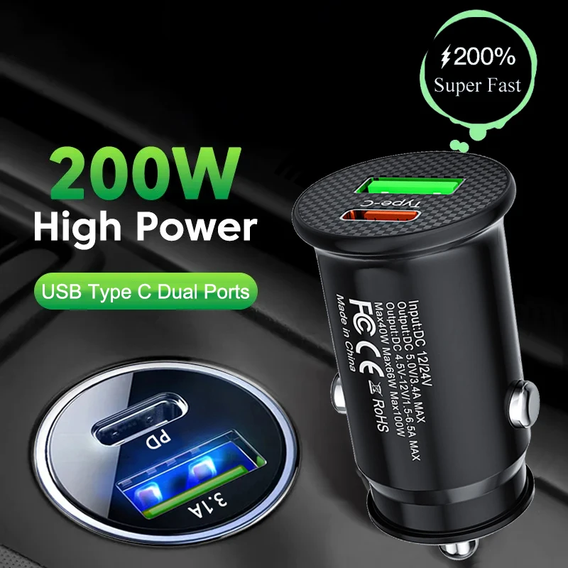 

200W USB Type C Dual Ports Car Charger Quick Charge 4.0 3.0 FCP SCP For iPhone Xiaomi Huawei Samsung Fast Charging Phone Cable