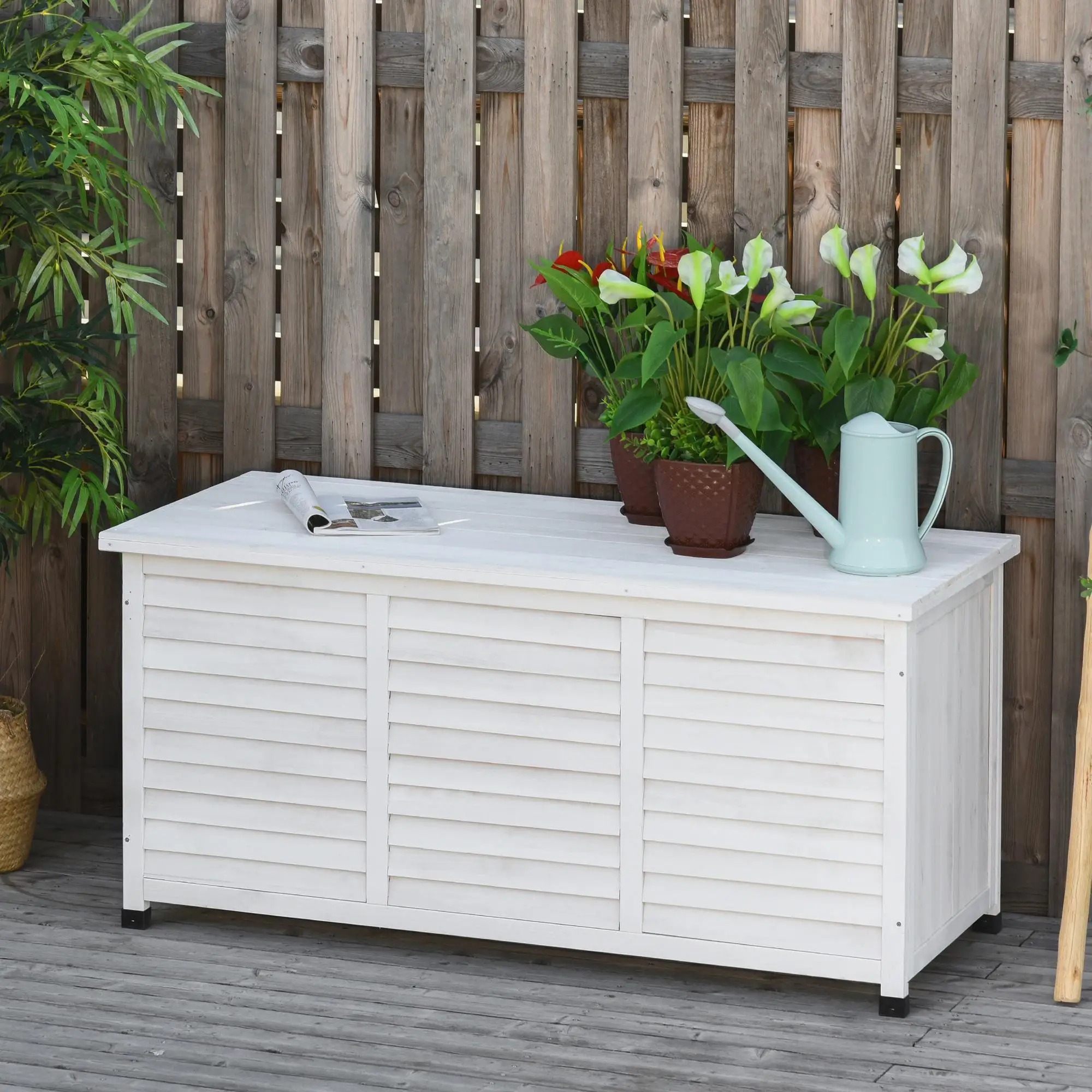 Caja de madera maciza de abeto para jardín 127x56x60 cm impermeable 284L Blanca con persianas de ventilación y patas protectoras