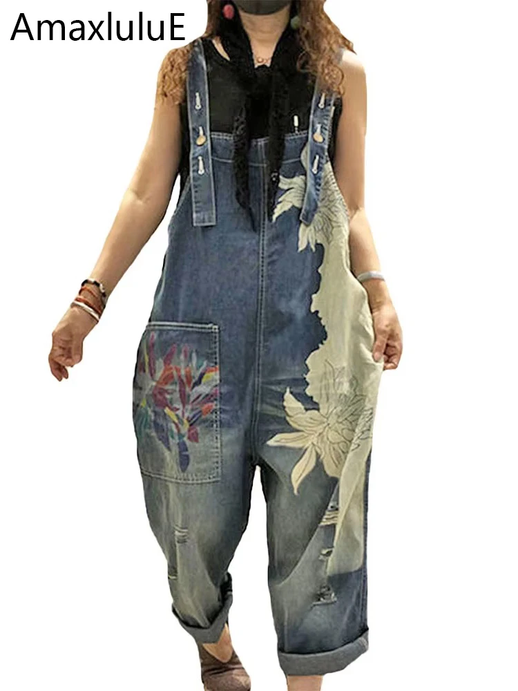 AmaxluluE 2025 kobiet modne kombinezony damskie letnie drukowane Denim Pantalony Vintage dżinsy na co dzień damskie luźne spodnie Vintage