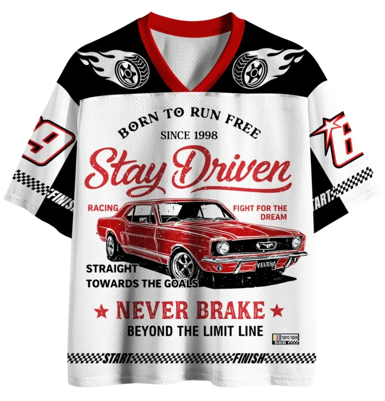 Stay Driven69 Racing Suit T-shirt 3D Full Width Retro Muscle Checkered Flag Pattern V-neck Short Sleeved Mesh Casual Loose Top