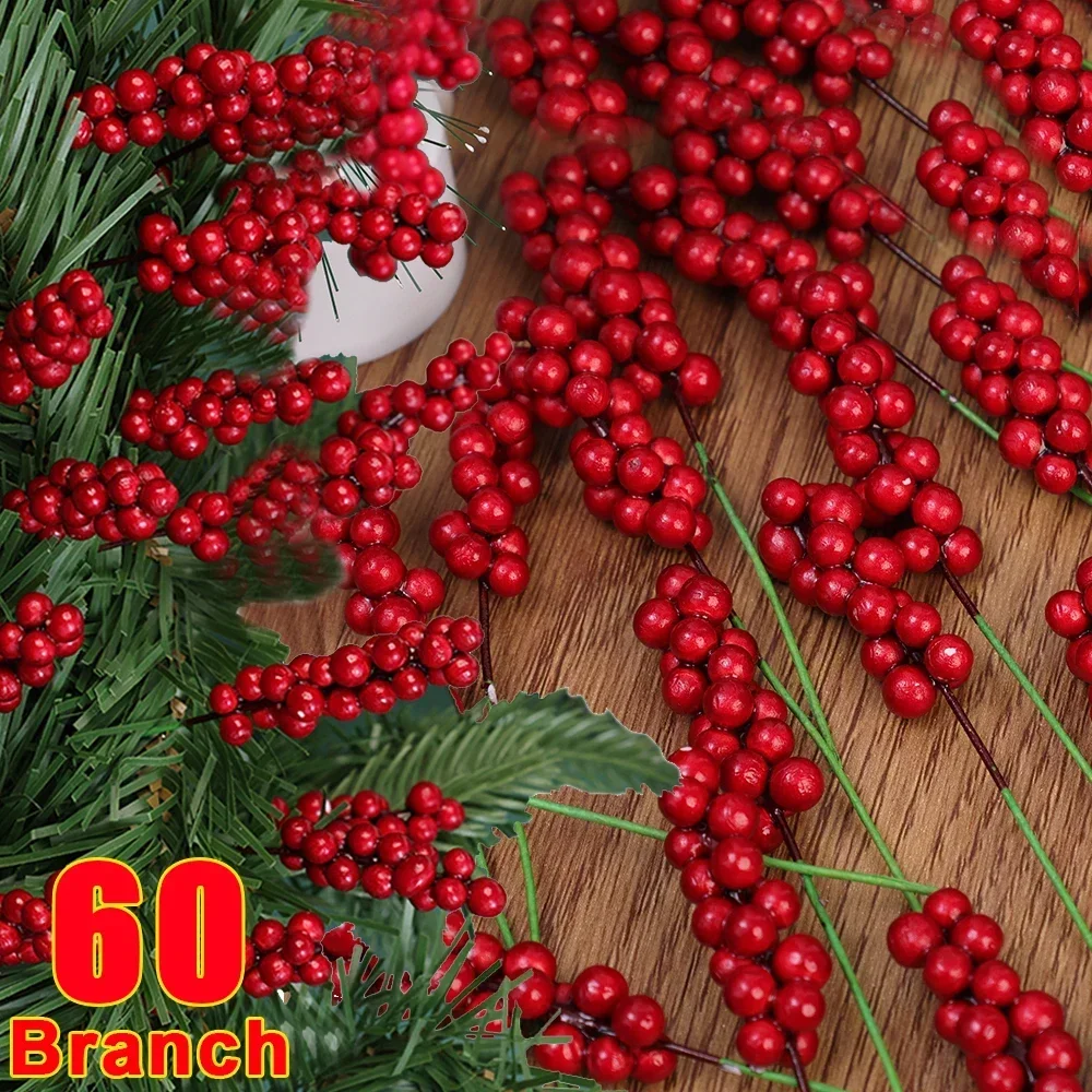 60/1Pcs Christmas Red Berries Branches Simulation Fruit Cherry Berry Plant Flower DIY Home Xmas Navidad Party Decoration Crafts