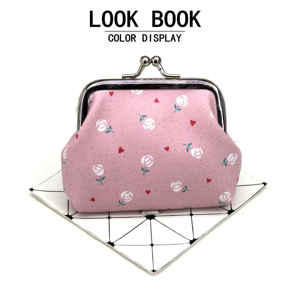 Cute PU Leather Coin Purse Flower Print Latte Clip Wallet Bag Lovely Style Convenient Handbag Women