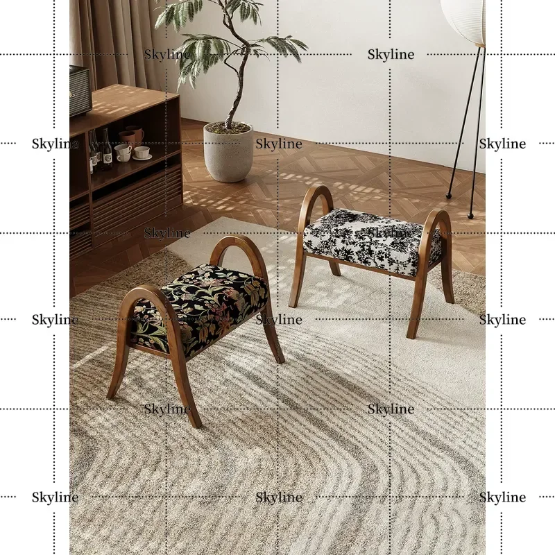 Embroidery Soft Cushion Solid Wood Small Stool Household Low Stool Living Room Multi-purpose Shoe Change Bench Study Door
