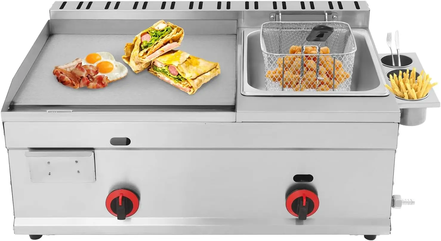 Deep-Frying Machine, 6L/1.59Gal Commercial Flat Top Gas Deep Fryer with Grill Griddle, 122-716℉ Stainless Steel Countertop Propa