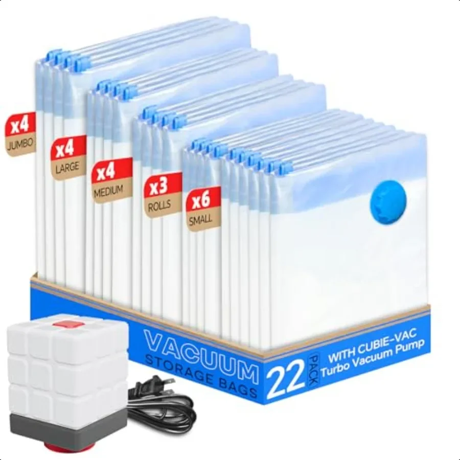 

Vacuum Seal Bags for Clothing 22 Pack Vacuum Storage Bags 4 Jumbo 4 Large 4 Medium 6 Small 4 Roll for Clothes Comforters Travel