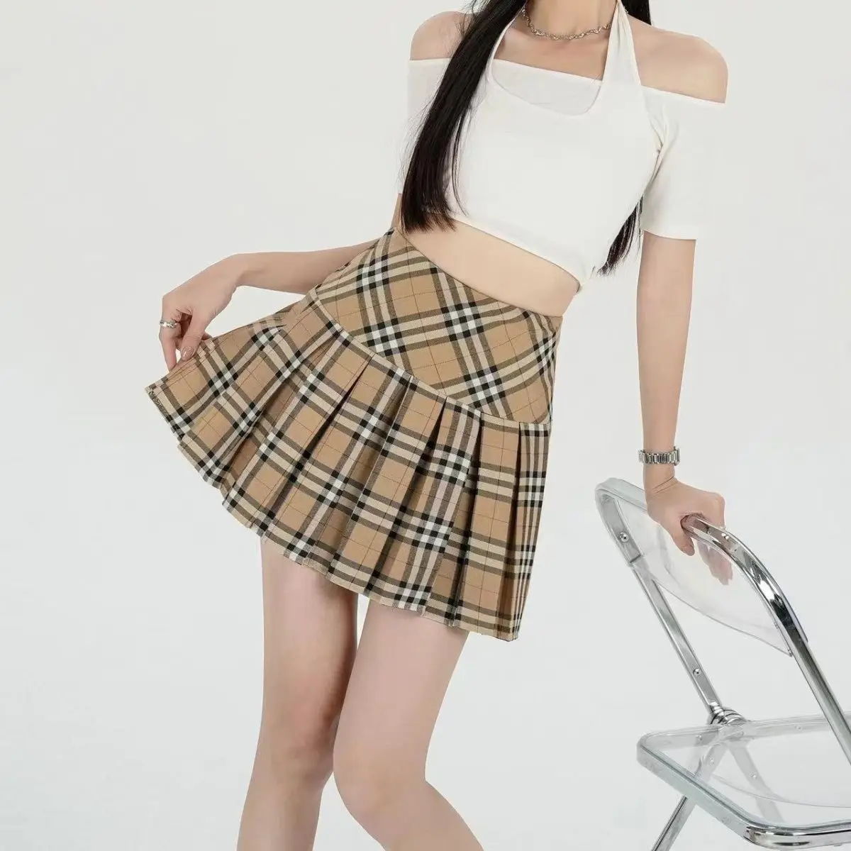 

Oversized Plaid Pleated Skirt Spring Summer Vintage Preppy Style High Waist A-line Skirt Women Clothing Lolita Sweet Slim Skirts