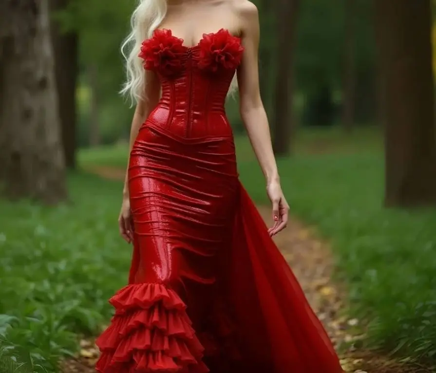 Długa Suknia Wieczorowa w Stylu Vintage Wiktoriańskim, Czerwona, Bez Ramiączek, Gorsetowa, Syreni Krój, Suknia Balowa, Ręcznie Robione Kwiaty, Warstwowa, Vestidos, Szyta na Miarę