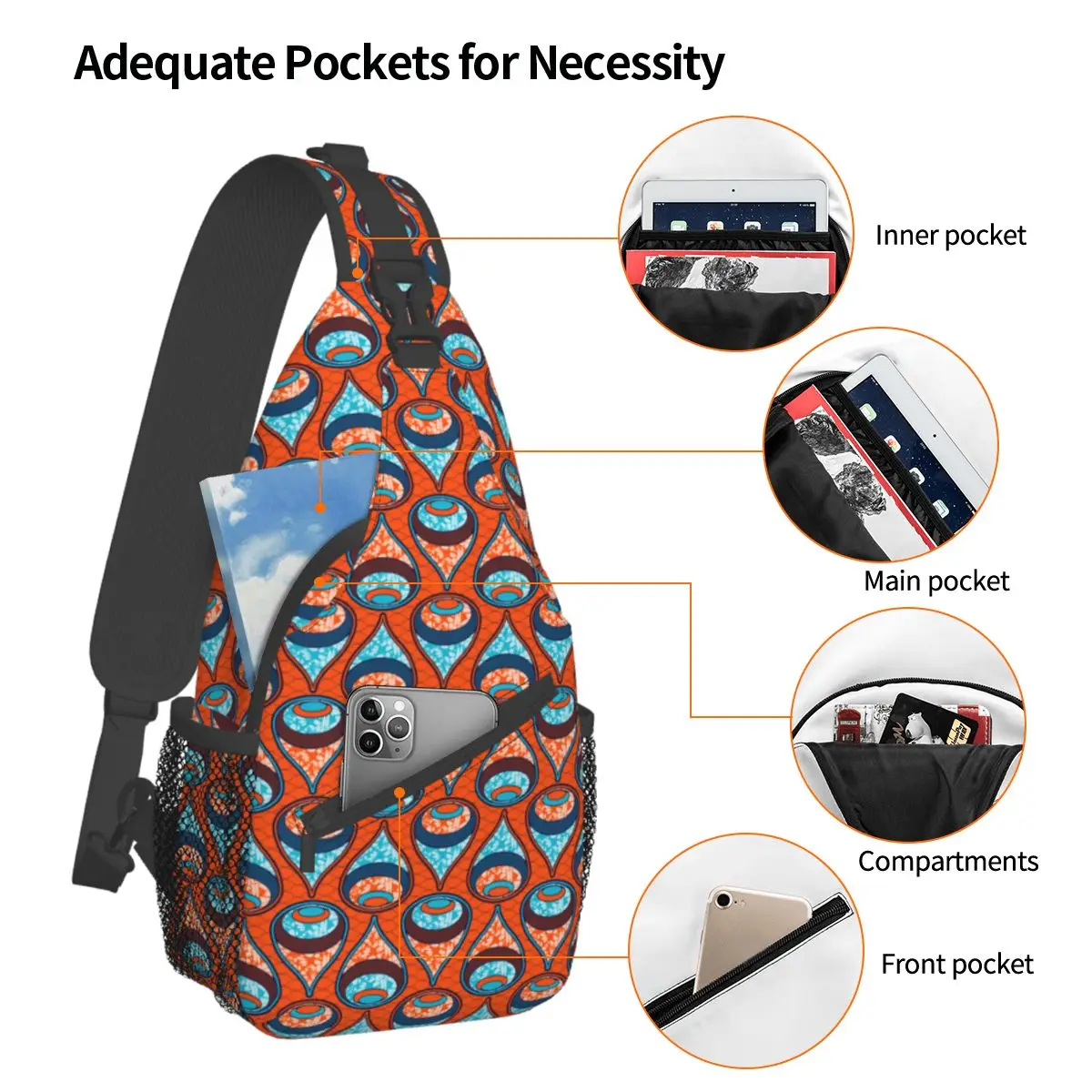 Têxtil Africano Sling Bag Peito Crossbody Ombro Mochila Outdoor Caminhadas Daypacks ilustração vetorial Impresso Bookbag