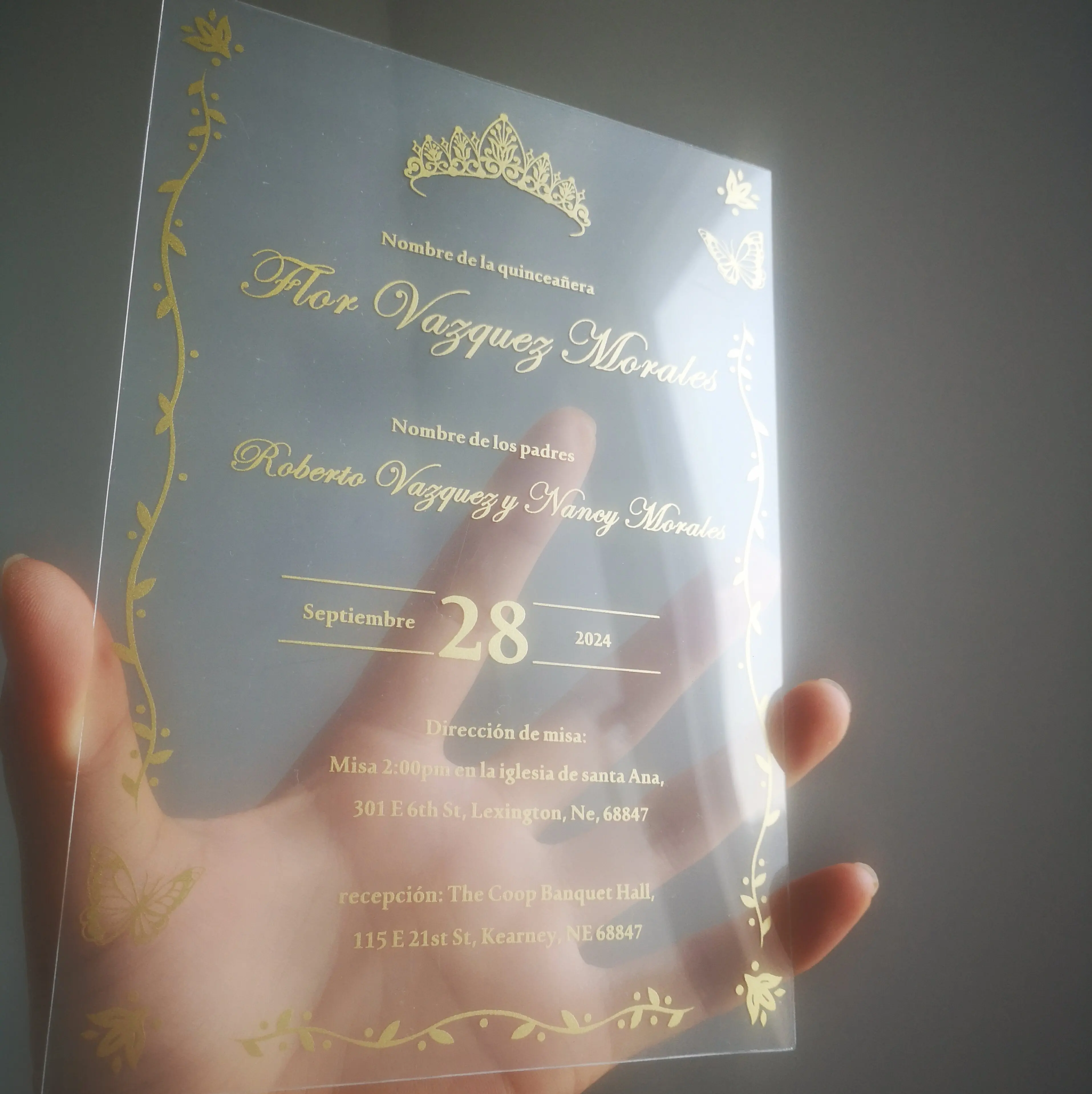 30pcs Transparent Custom Wedding Invitation, Crown Acrylic Invitation, Gold Shiny