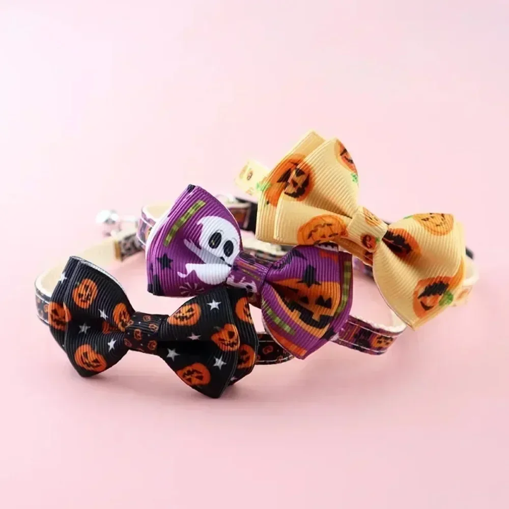 1× Halloween-Katzenhalsband mit Fliege, Glocke, Kürbis-, Totenkopf- und Geistermustern, Sicherheitsverschluss, verstellbares Katzenzubehör für Haustiere – Detail 4