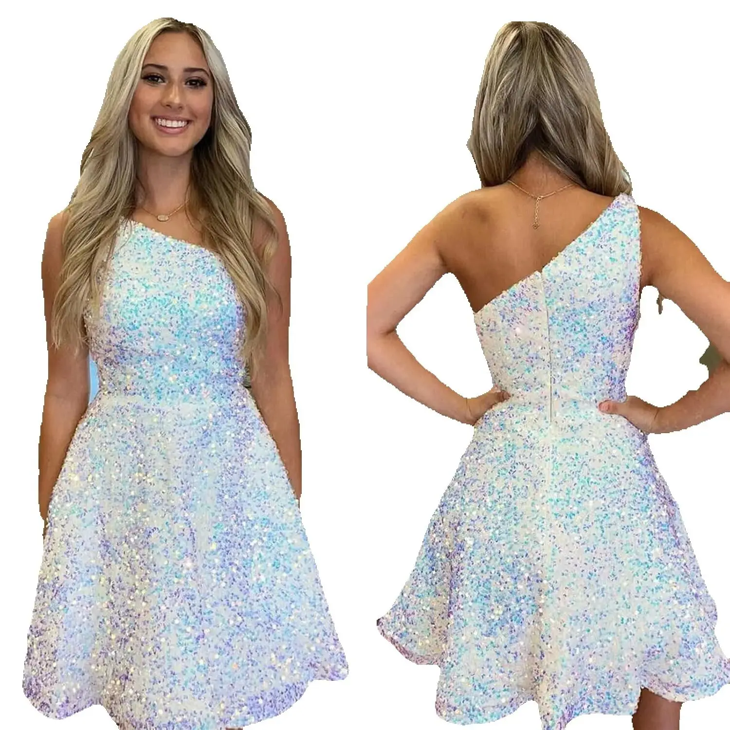 Vestido de baile de lantejoulas de um ombro para adolescentes brilhante curto baile de formatura vestido formal com bolsos vestido de formatura 2026