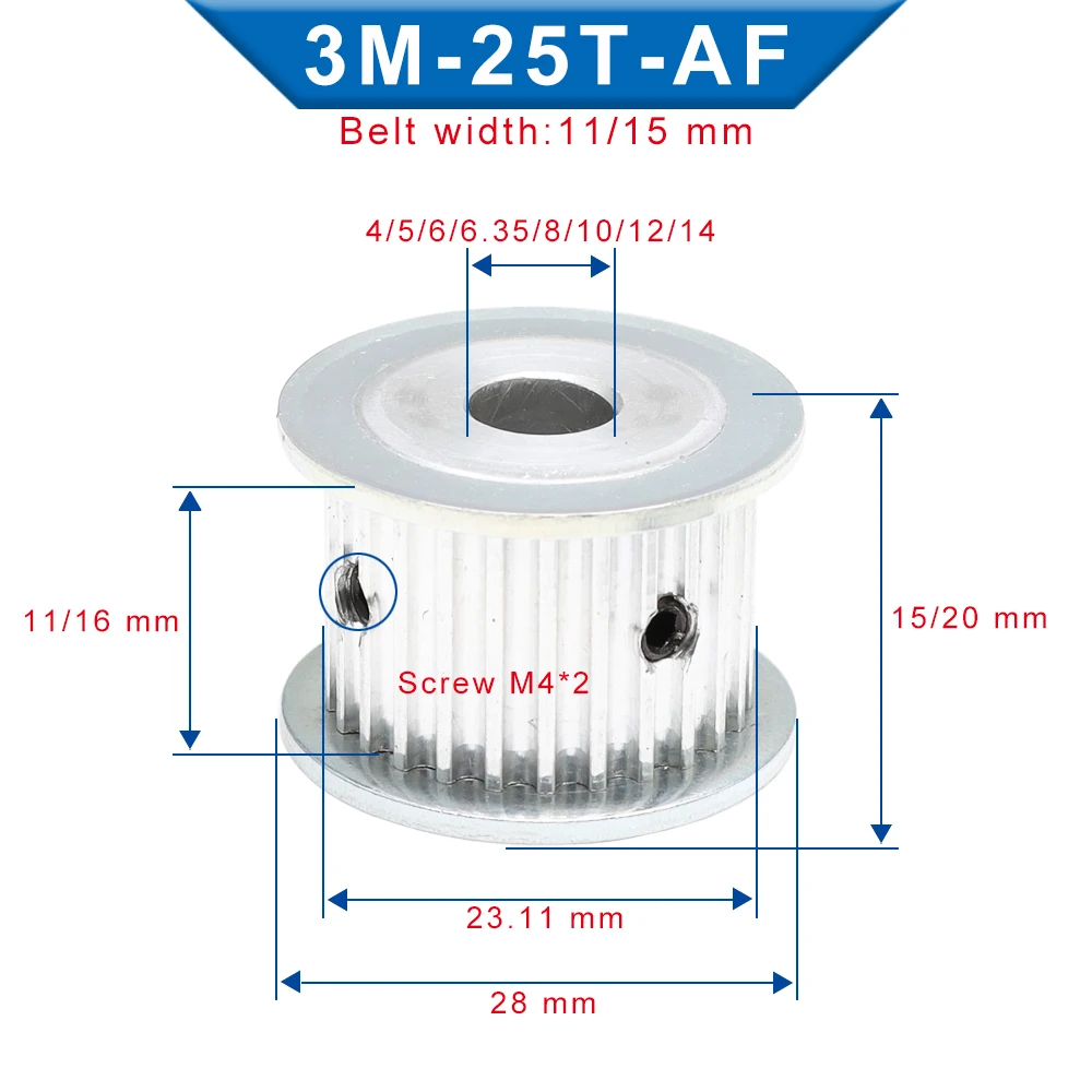 Timing Pulley 3M25T Bore 4/5/6/6.35/8/10/12/14 mm Aluminum Pulley Circle-arc Tooth Fit For 3M-synchronous belt Width 10/15mm