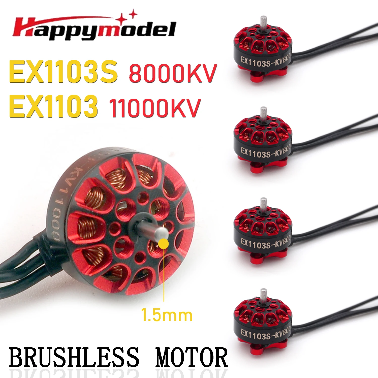 

4 шт. Бесколлекторные моторы HappyModel EX1103S/EX1103 8000KV/11000KV 1.5 мм для радиоуправляемых FPV дронов, квадрокоптеров, Toothpick, Mobula8, Bassline (запчасть)