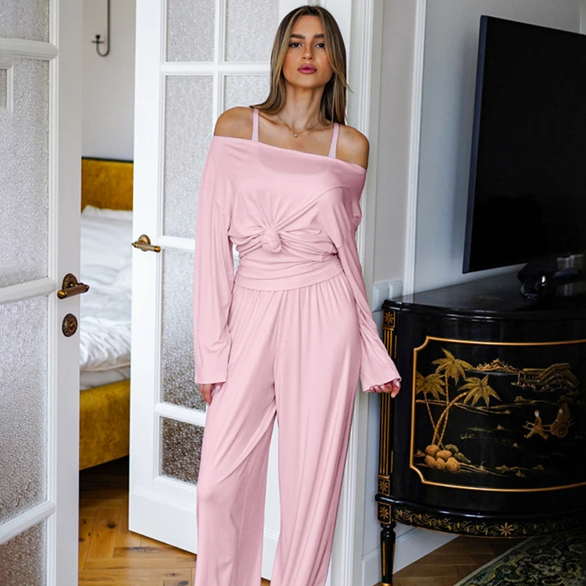 

Hiloc Casual Women'S Pajamas 3-Piece Set Solid Long-Sleeve Top Cute Strap Vest Spring Autumn Elastic Waist Trousers New 2025