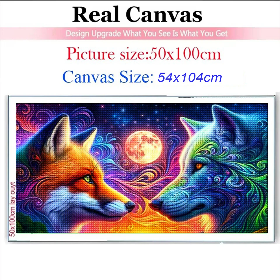 Vibrant Fox and Wolf at Sunset diy Diamond Painting Kits Mosaic Embroidery large  Psychedelic Animal Surreal Fantasy Wall Art