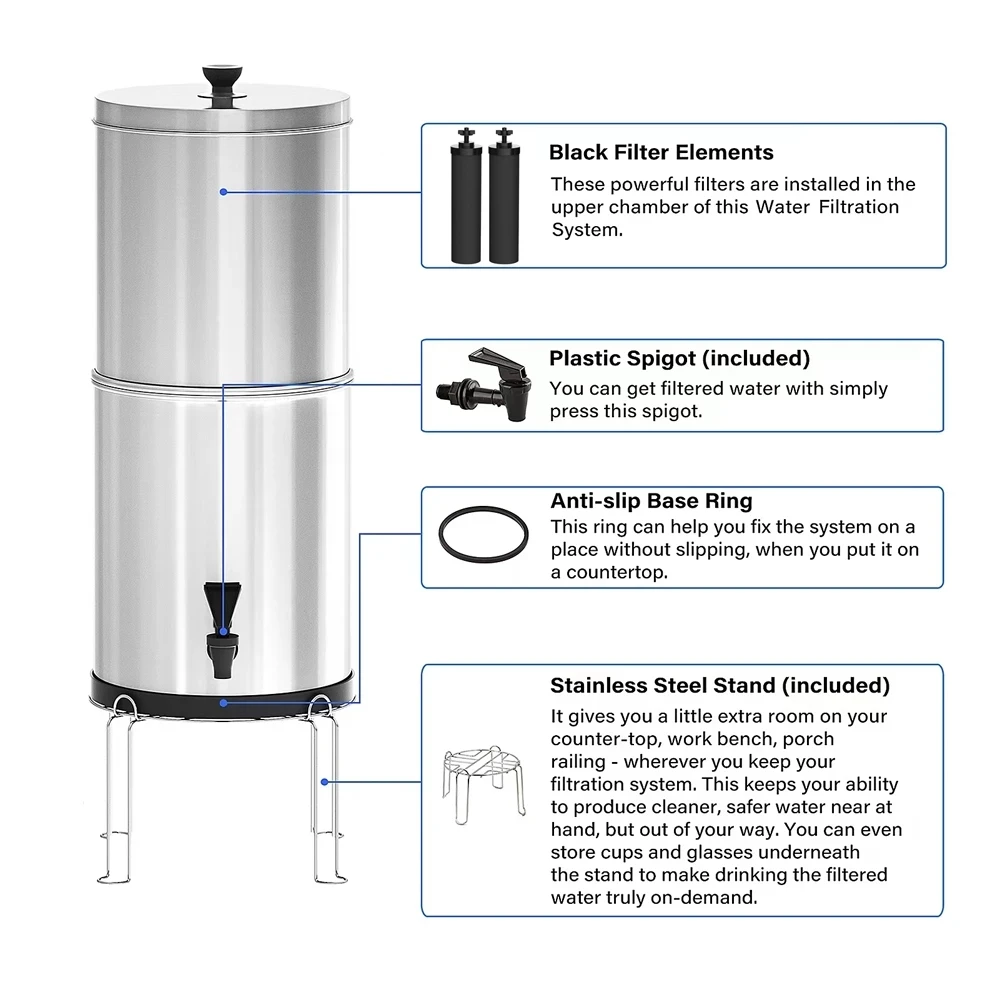 Gravity feed water filtration system, 2-gallon stainless steel mesa filtration system, suitable for home and outdoor use