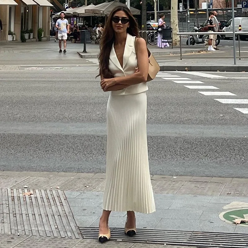 

2026 Summer New Fashionable European and American Style Elegant Suit Collar Suit Vest Top Mid-length Pleated Skirt Set for Women