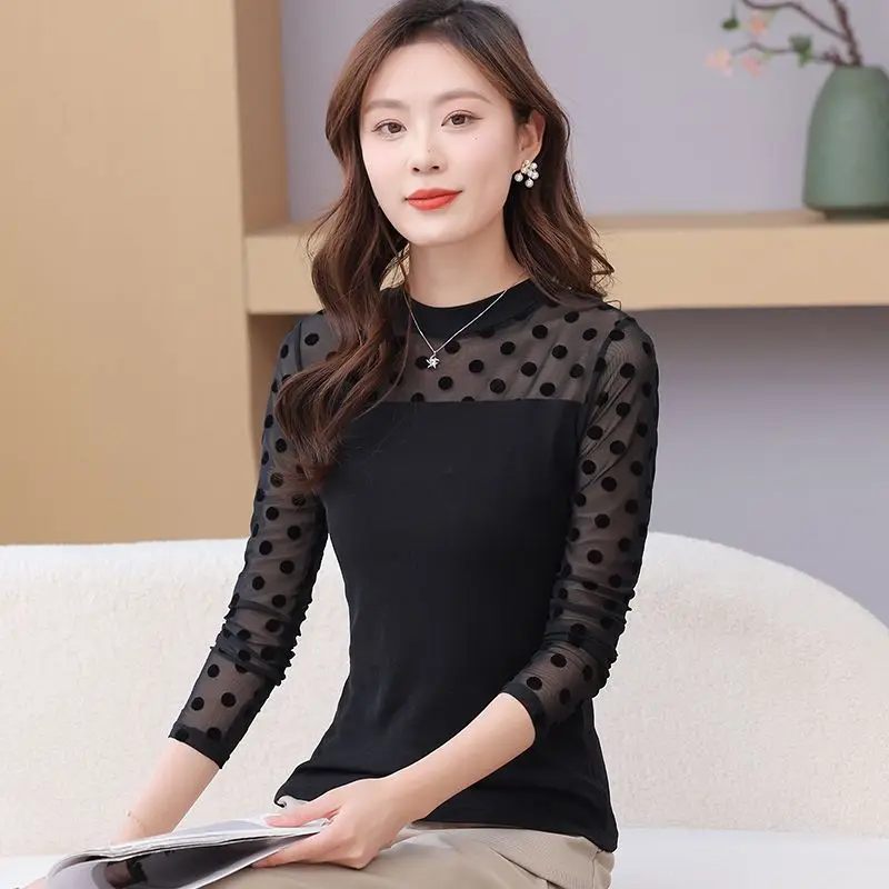 Half High Collar Lace Net Yarn Bottoming Shirt Women Spring Autumn Fashion Slim Long Sleeve Tops Elegant All-match Casual Tops