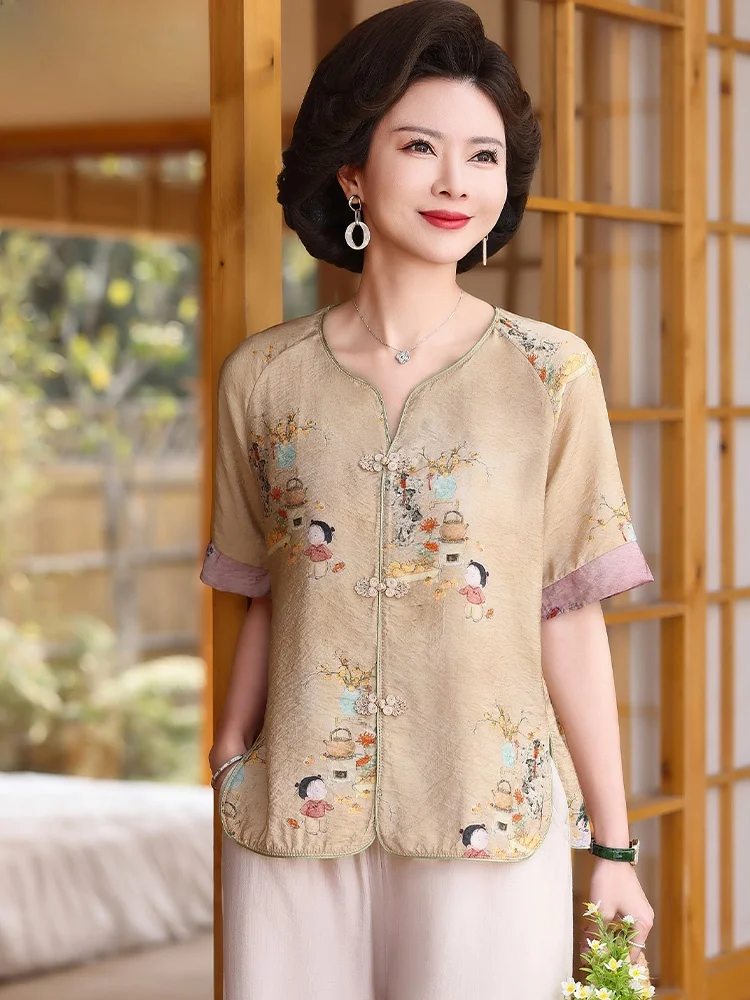 

Модный комплект из хлопка и льна: рубашка с коротким рукавом и топ в традиционном китайском стиле для женщин среднего возраста, летняя одежда