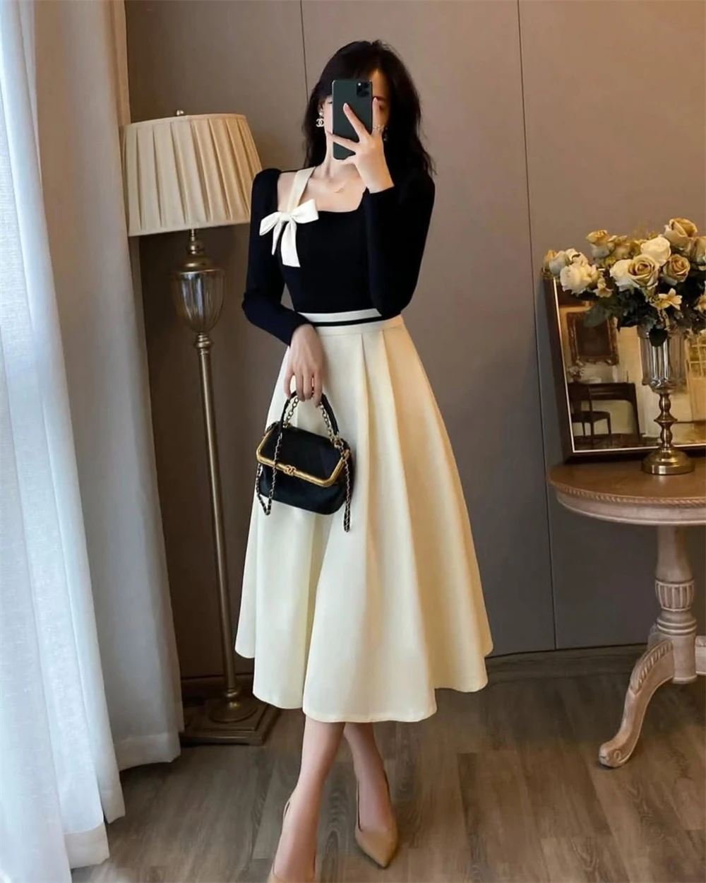 Customized Classic Black White Square Collar Off the Shoulder Long Sleeves Party Dresses Luxury Jersey Special Occasion Gowns