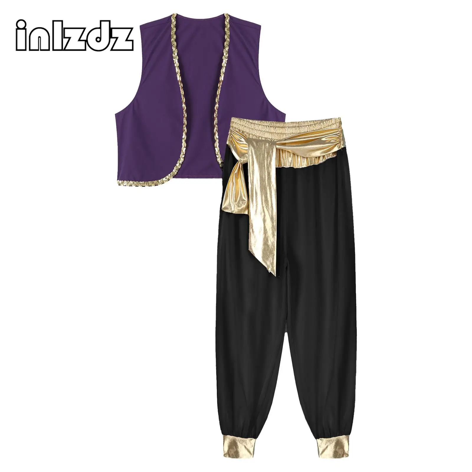 Arab King Prince Cosplay Costume Outfit for Mens Halloween Carnival Rave Party Dress up Sleeveless Vest+Belted Pants Sets 2Pcs