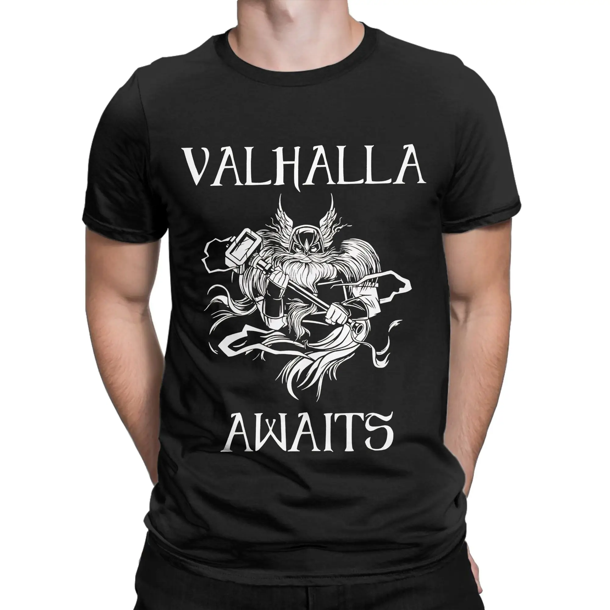 Valhalla Awaits with Hammer Essential Funny 100% Cotton T-Shirt Valhalla Tops Tees For Men