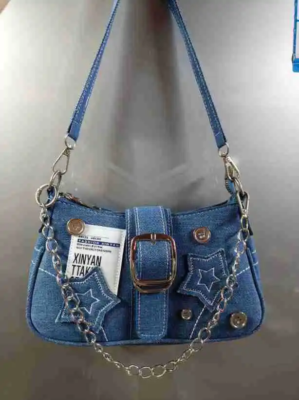 

Y2k Fashion Women's Handbags Stars Pattern Cool Girls Underarm Bag Fashion Canvas Female Small Shoulder Bags Chain Tote Purses