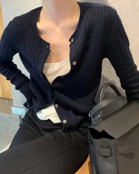 2025 Fashion Women's Thin Cardigan Knitted Loose Short Cotton Sweater Round Neck Warm American Casual Women's Sweater Top Dress