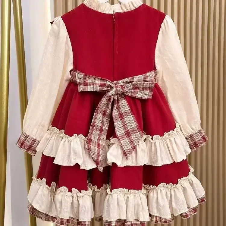 Lolita Girls Dress Spring Autumn 2023 New Cute Dress Fashion Party Knee-Length Ruched Princess Flower Girl Dresses Lovely Sweet