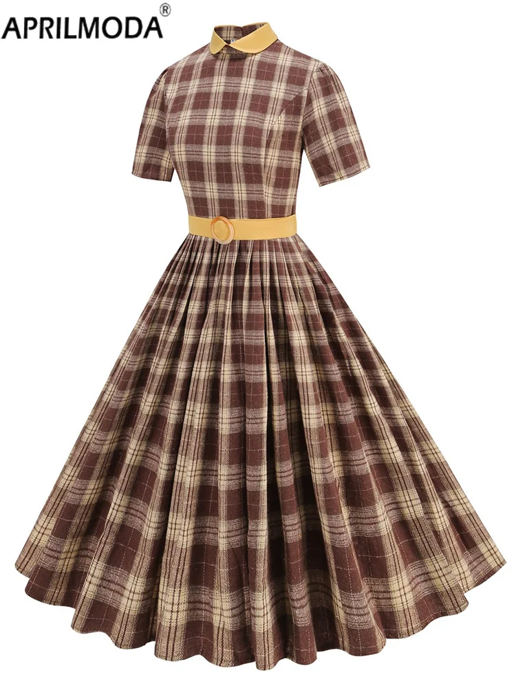 Classical England Style Vintage Casual Pleated Women's Dress Elegant Office Plaid Print Turn Down Collar Holiday Party Dresses