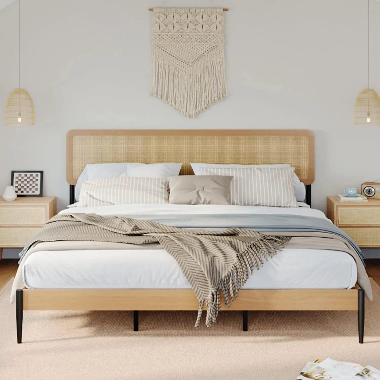 Rattan Bed Frame Woven Headboard Wood Platform No Box Spring Needed, Customized