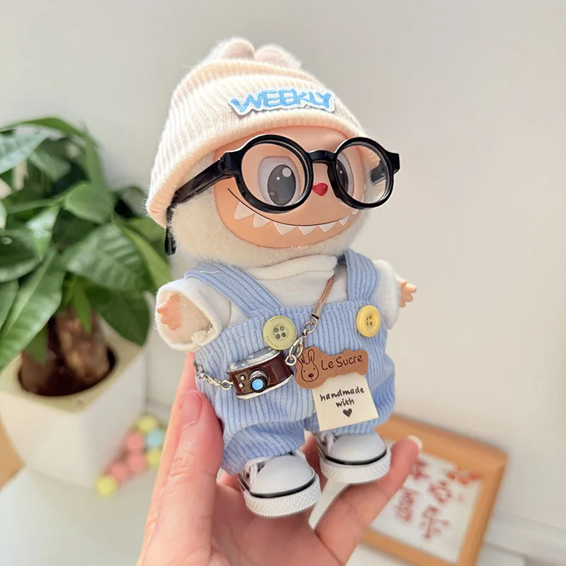 

Artsy Daily Labubu Outfit Denim Overalls White Canvas Shoes Black Glasses Vintage Camera Hanging Sitting Set