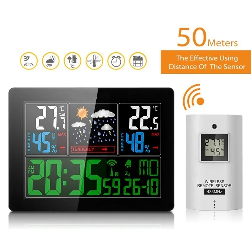 Wireless Smart Weather Station Digital Thermometer Hygrometer Temperature Humidity Meter Color LCD Weather Forecast Clock Alarm