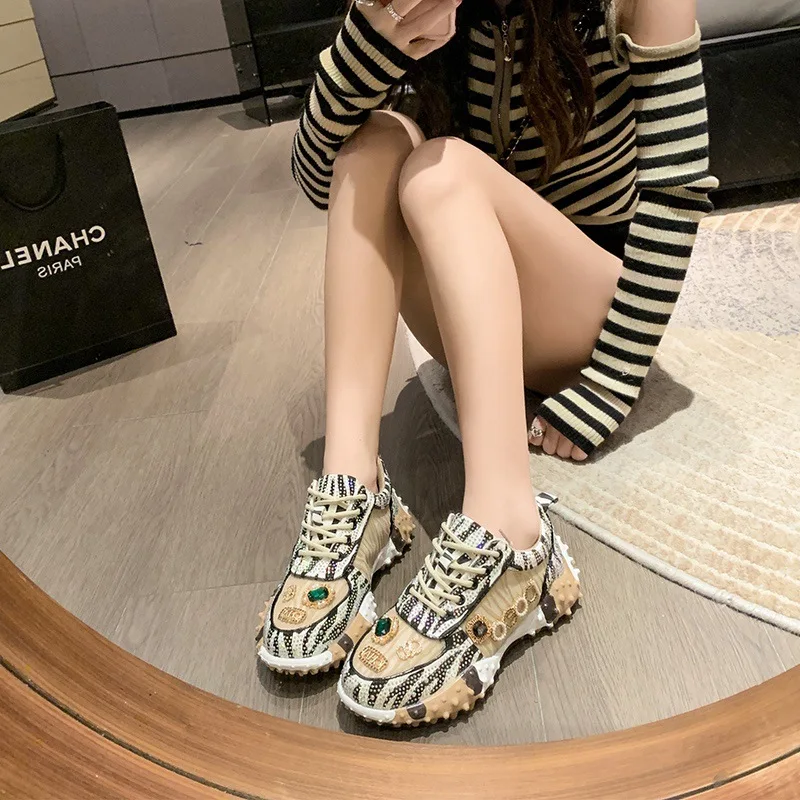 Women's Platform Sneakers 2026 Chunky Durable Sole Breathable Mesh Casual Lace Up Shoes Fashion Diamond Dress Sport Shoes