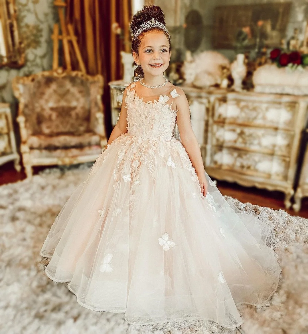 FATAPAESE Flower Girl Dresses for Wedding Pearl Pink Floral Tulle Luxury Princess Long Maxi Kids Bridesmaid Ball Gowns Birthday