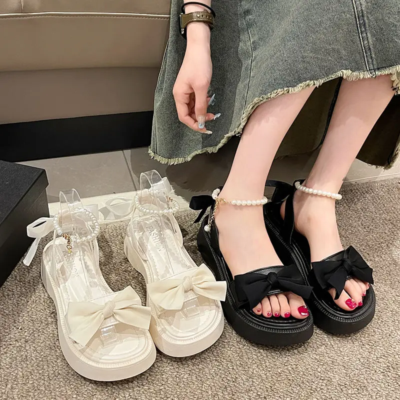 Med Clear Heels 2024 Summer Comfort Shoes for Women Roman Sandals Suit Female Beige Espadrilles Platform Medium Clogs Spring Gla