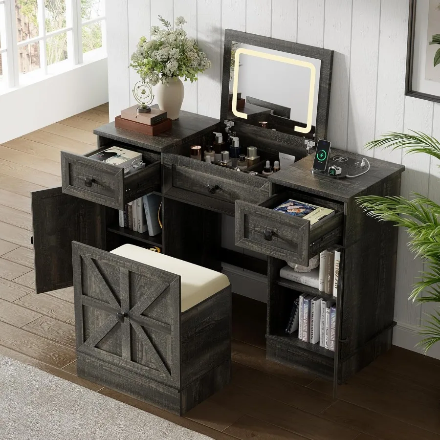 Farmhouse Vanity Desk with Flip Top Mirror and Lights Makeup Vanity Table with 2 Adjustable cabinets 2 Drawers and Hidden Stora